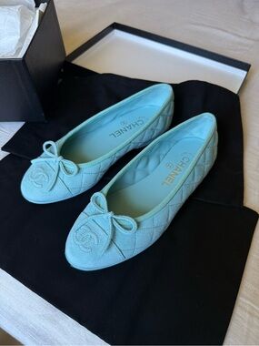 CHANEL Quilted Ballet Flats in Aqua Blue with Bow
